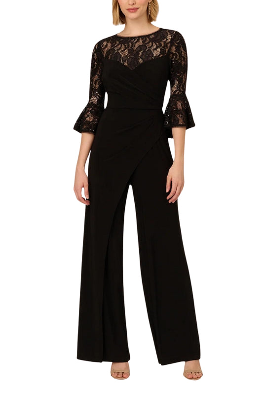 Adrianna Papell Jersey Lace Crew Neck Elbow Sleeve Ruffle Cuff Straight Leg Jumpsuit - Wholesale_BLACK_front