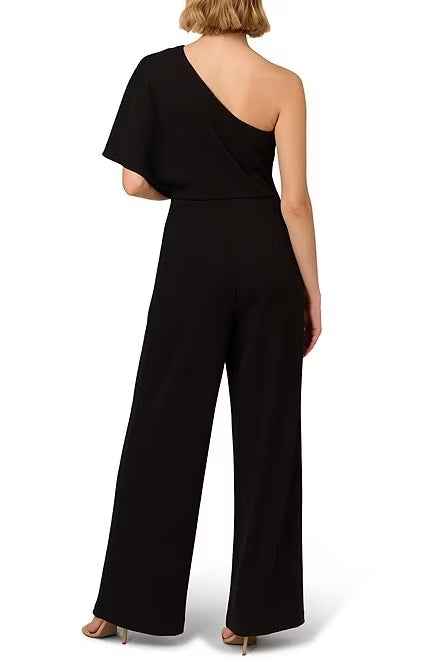 Adrianna Papell Stretch Colorblock One Shoulder Short Sleeve Overlay Jumpsuit - Wholesale_BLACK IVORY_back