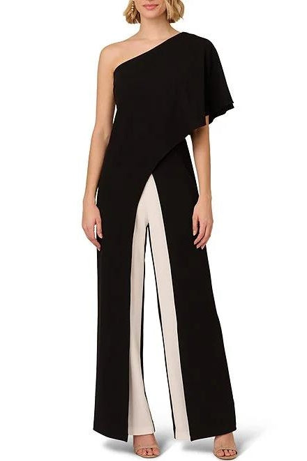 Adrianna Papell Stretch Colorblock One Shoulder Short Sleeve Overlay Jumpsuit - Wholesale_BLACK IVORY_front