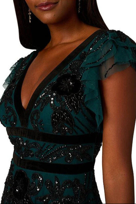 Adrianna Papell V-Neck Velvet Trim Beaded Mesh Midi and Back V-Neck Dress - GEM GREEN - Neck View