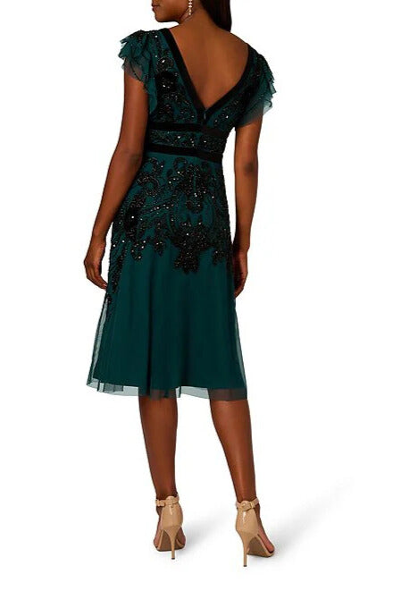 Adrianna Papell V-Neck Velvet Trim Beaded Mesh Midi and Back V-Neck Dress - GEM GREEN - Back