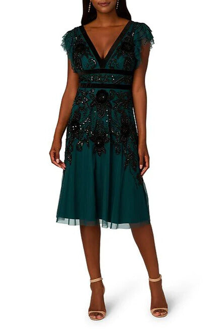 Adrianna Papell V-Neck Velvet Trim Beaded Mesh Midi and Back V-Neck Dress - GEM GREEN - Front Full View