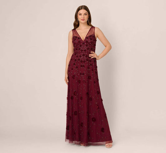 V-Neck Floor-Length Tulle Formal A-Line Adrianna Papell AP1E211438
