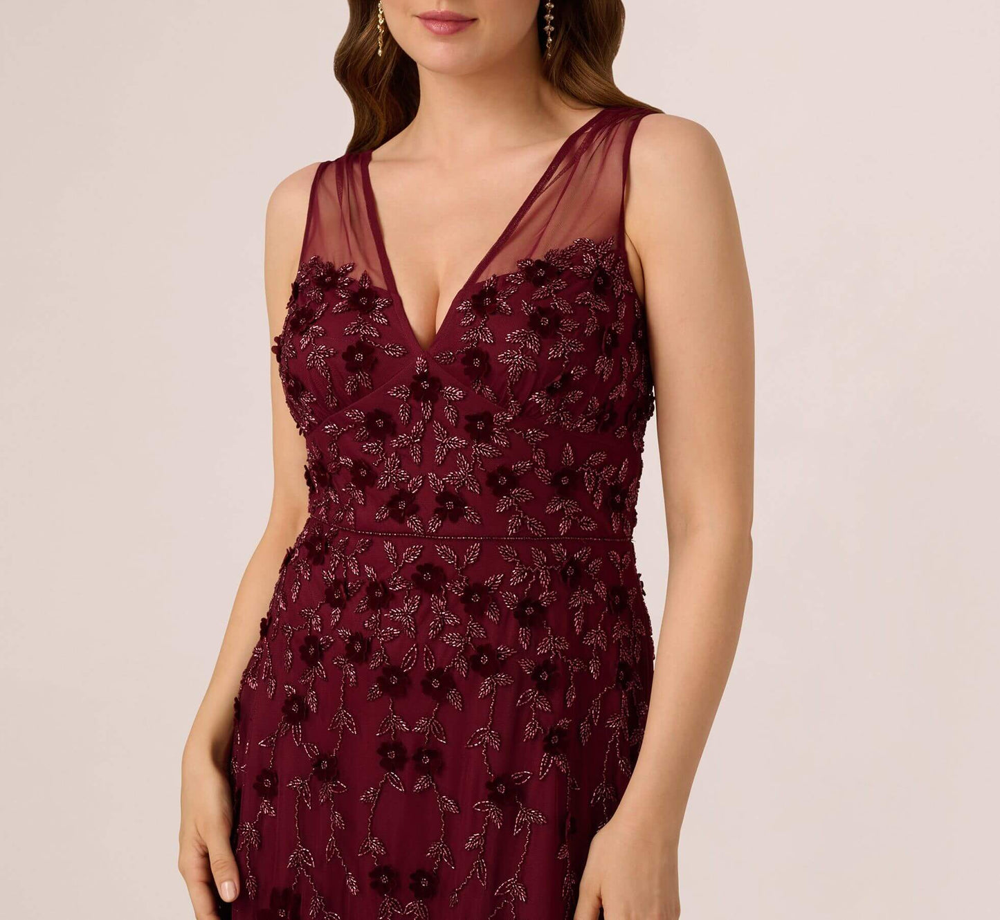 Mahogany V Neck Floor Length Velvet Formal Beaded Gown with Sheer Tank Straps Adrianna Papell AP1E211438