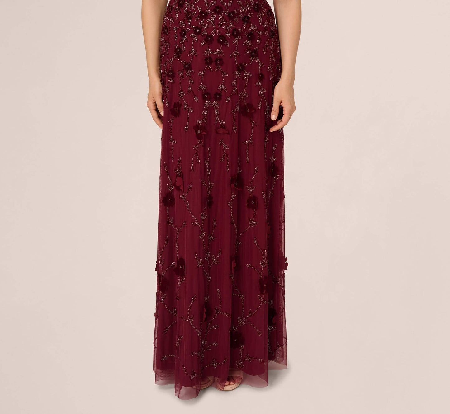 Mahogany V Neck Floor Length Velvet Formal Beaded Gown with Sheer Tank Straps Adrianna Papell AP1E211438