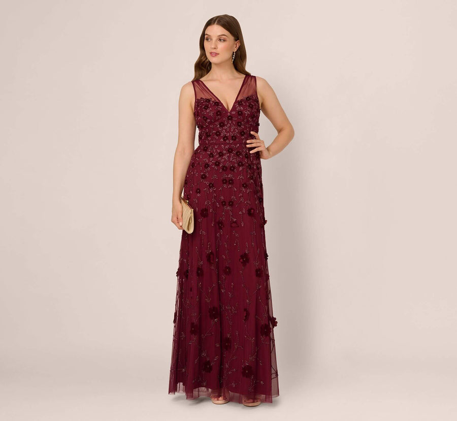 Mahogany V Neck Floor Length Velvet Formal Beaded Gown with Sheer Tank Straps Adrianna Papell AP1E211438