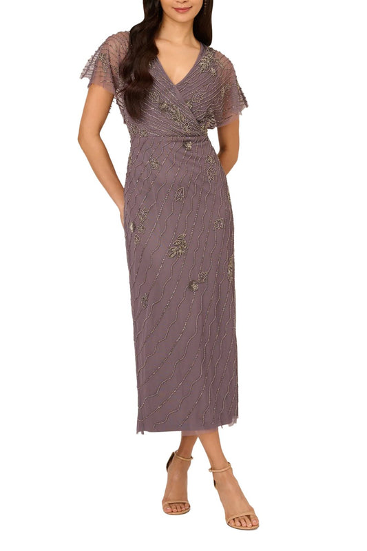 Adrianna Papell Beaded Ankle Length Dress With Sheer Flutter Sleeves Dress - MOONSCAPE - Front