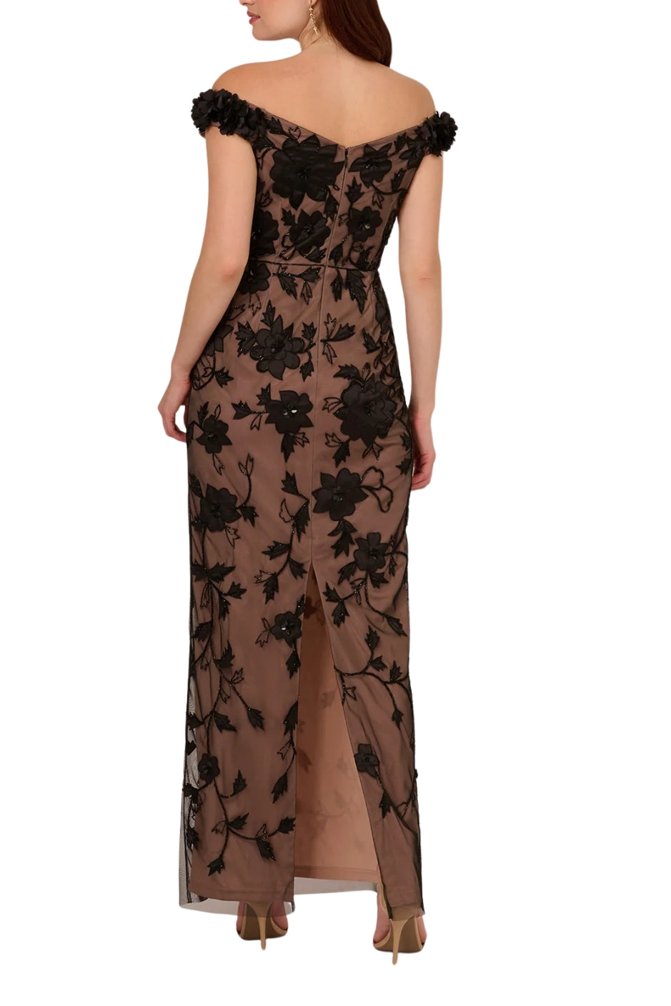 Adrianna Papell Off-the-Shoulder Neckline Sheer Knit Mesh Beaded Sequin Floral Design Fitted Silhouette Column Skirt Dress - BLACK ROSEGOLD - Back