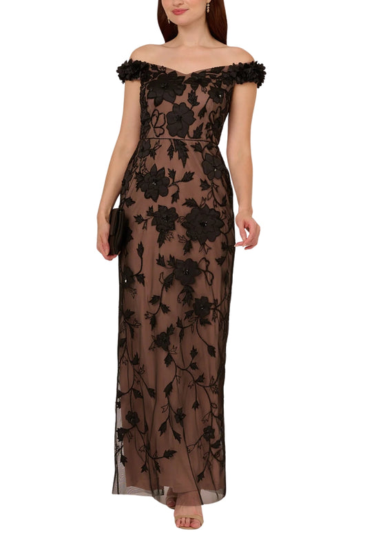 Adrianna Papell Off-the-Shoulder Neckline Sheer Knit Mesh Beaded Sequin Floral Design Fitted Silhouette Column Skirt Dress - BLACK ROSEGOLD -Front