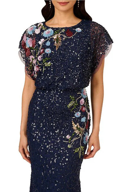 Adrianna Papell Floral Beaded Boat Neckline Sheer Short Dolman Sleeves Blouson Bodice Mermaid Gown Dress