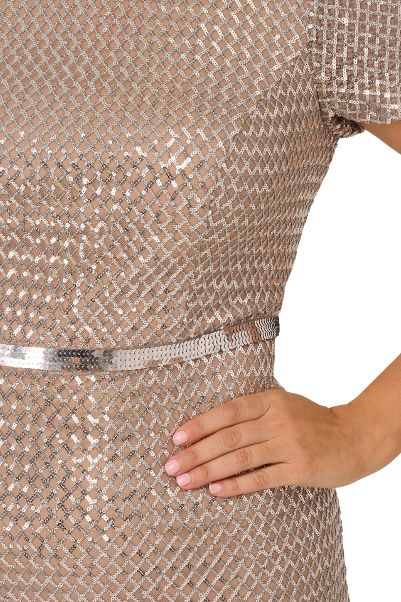 Adriann Papell Sequin Short Sleeve With Embellished Waist In Silver Column Gown (Plus Size) - SILVER NUDE - Waist