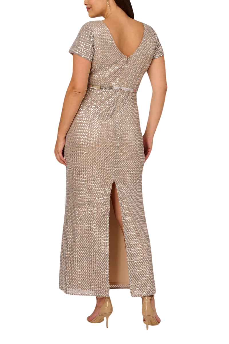 Adriann Papell Sequin Short Sleeve With Embellished Waist In Silver Column Gown (Plus Size) - SILVER NUDE - Back