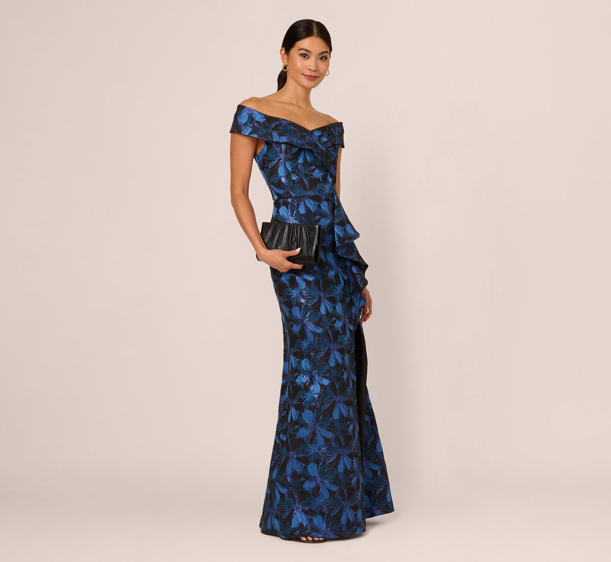 Off-the-Shoulder Floor-Length Floral Satin Formal Mermaid Gown Adrianna Papell AP1E211565
