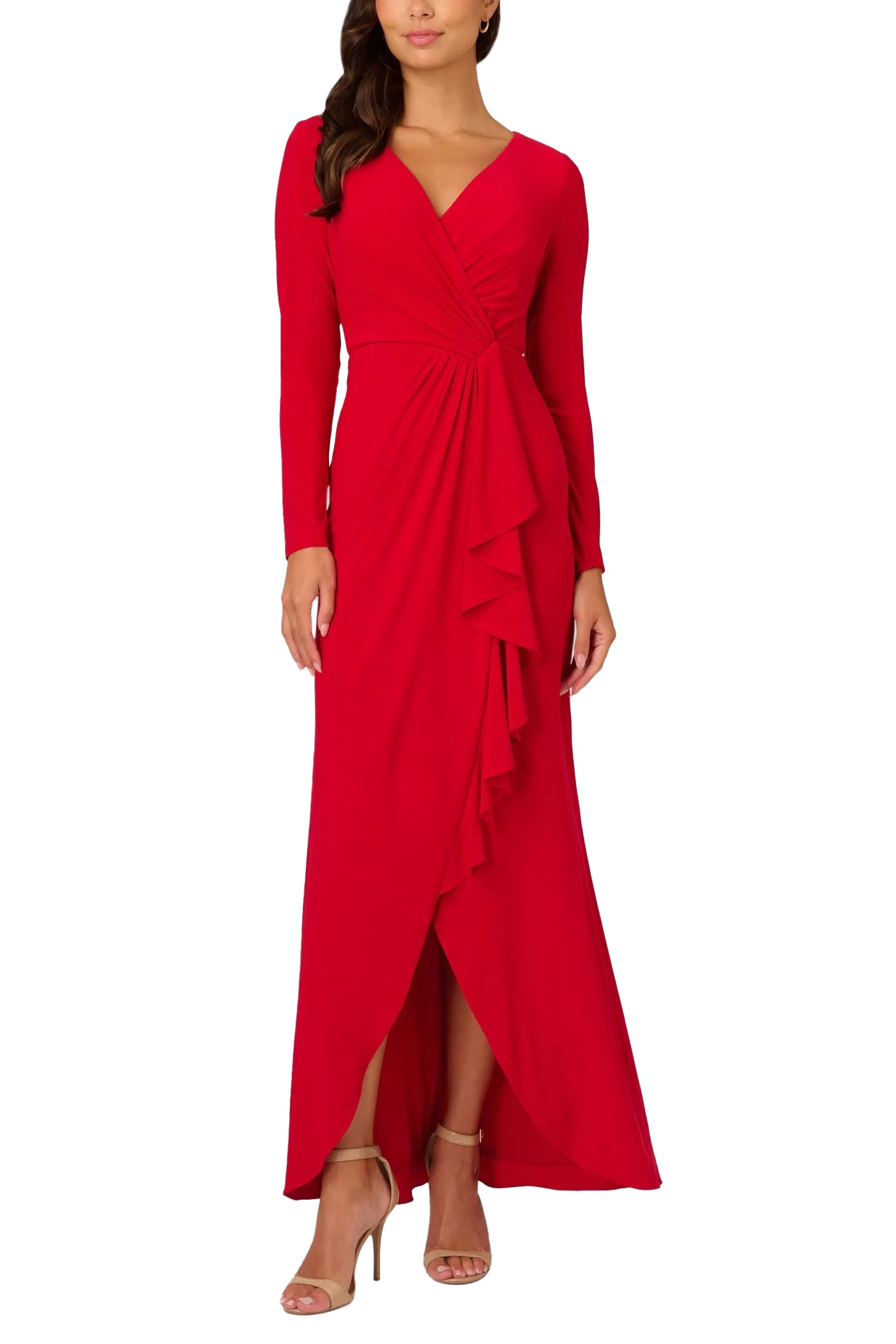 Adrianna Papell Jersey Drape Long Sleeve Dress - SUPER RED - FRONT 