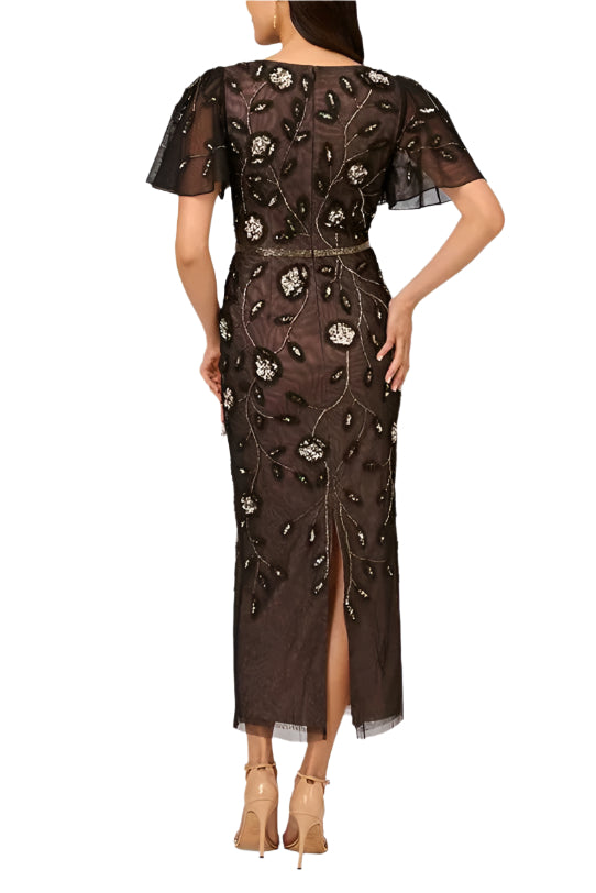 Adrianna Papell Beaded Knit Mesh Sequin Column Waist With Belt-Style Beading Dress