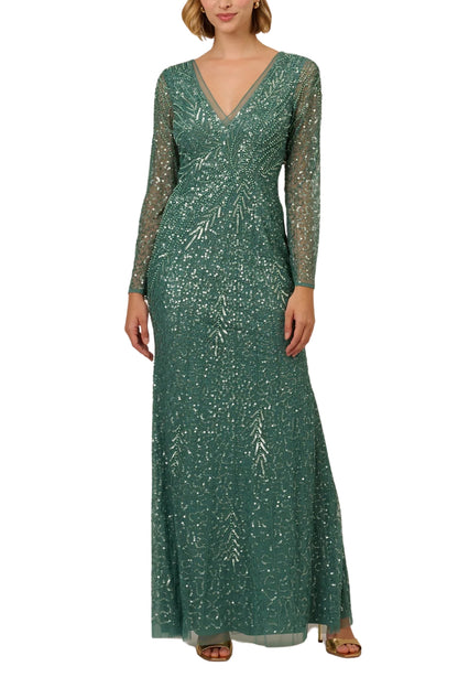 Adrianna Papell Beaded Mesh V-Neckline Long Illusion Sleeves Full Length Dress - GREEN SLATE - front
