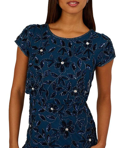 Adrianna Papell Beaded Mesh Crew Neck Short Sleeve Blouson Long Dress