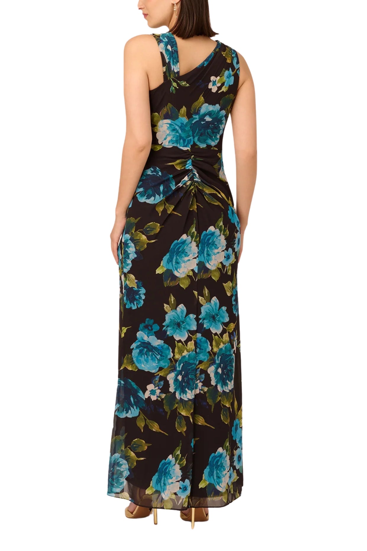Adrianna Papell Floral Print Chiffon Asymmetrical Neck Sleeveless Front Twist Ruffle Column Dress - BLACK MULTI - Back
