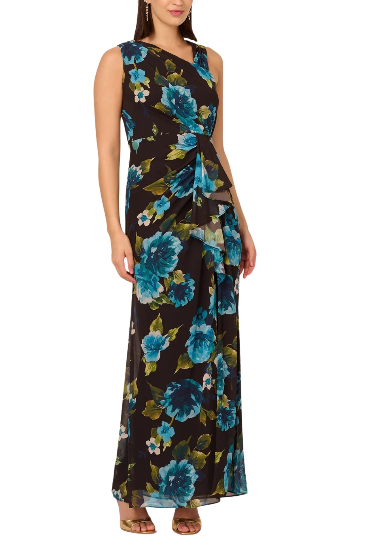 Adrianna Papell Floral Print Chiffon Asymmetrical Neck Sleeveless Front Twist Ruffle Column Dress - BLACK MULTI - Front