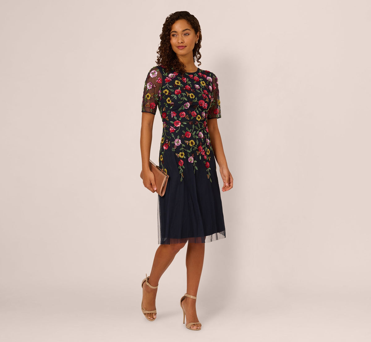 Short-Sleeve Floral Beaded Midi Dress Adrianna Papell AP1E211841