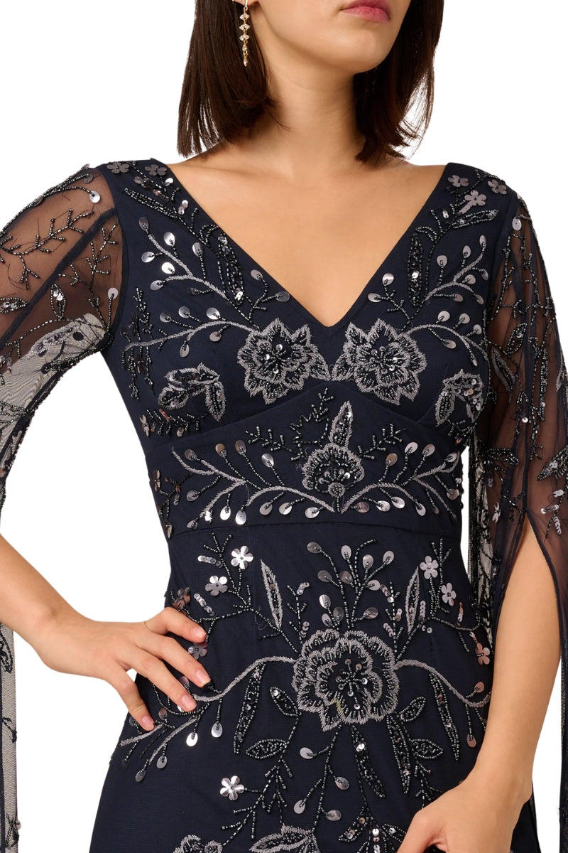 Adrianna Papell V-Neckline Long Split Sleeves Beaded Embellished Maxi Shift Dress