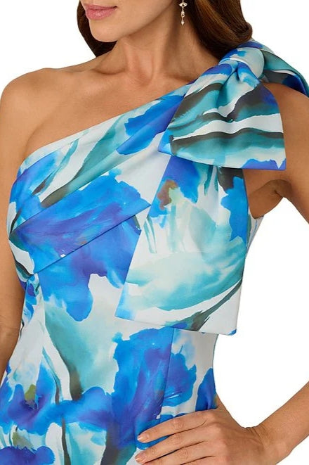 Adrianna Papell Blue Floral One-Shoulder Bow-Tie Detail Sleeveless Scuba Mermaid Shift Dress