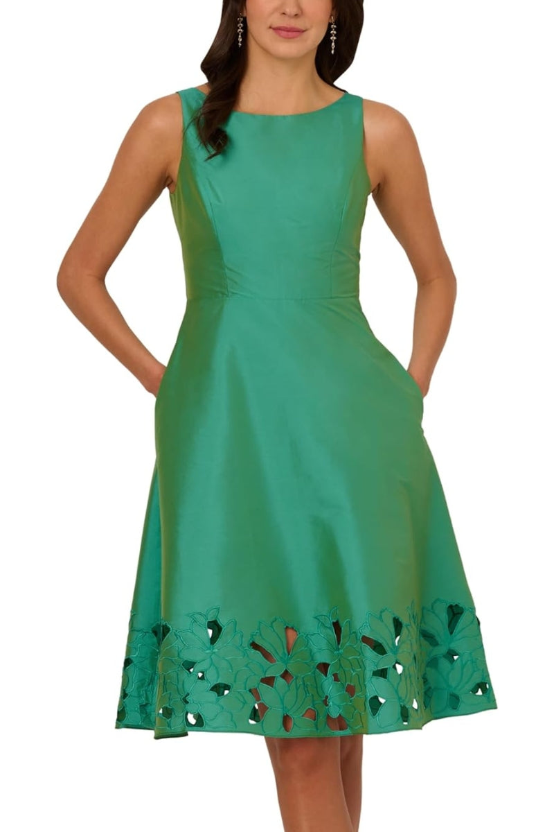 Adrianna Papell Palm Leaf Bateau Neck V-Back Neckline Wide Shoulder Straps Sleeveless Fit Bodice Side Seam Pockets Fit-and-Flare A-Line Gown Dress