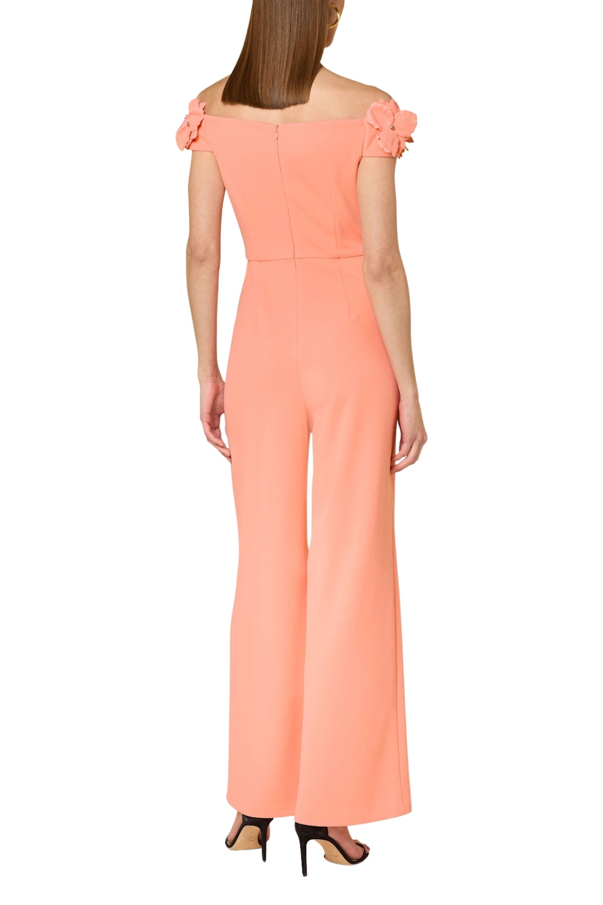 Adrianna Papell Off-The-Shoulder Back Zipper Closure Wide Leg Jumpsuit Dress - CORAL COAST - Back
