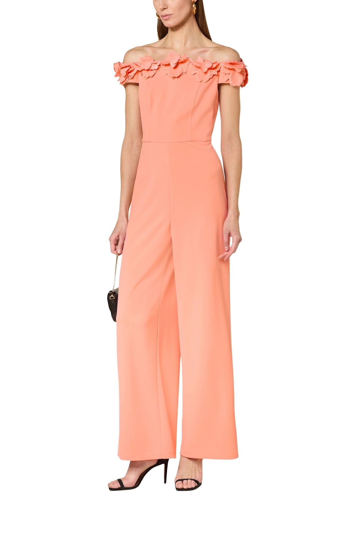 Adrianna Papell Off-The-Shoulder Back Zipper Closure Wide Leg Jumpsuit Dress - CORAL COAST - Front