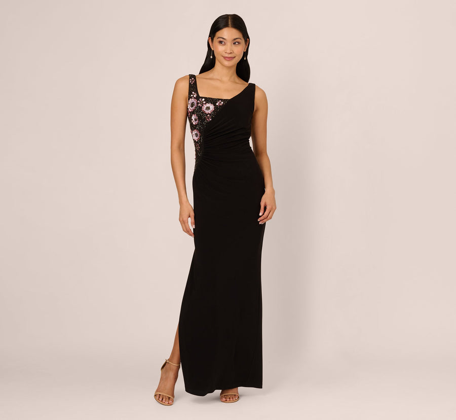 Formal Dresses Sleeveless Floor-Length Jersey Formal Sheath Dress Floral Applique Adrianna Papell AP1E212161 Black