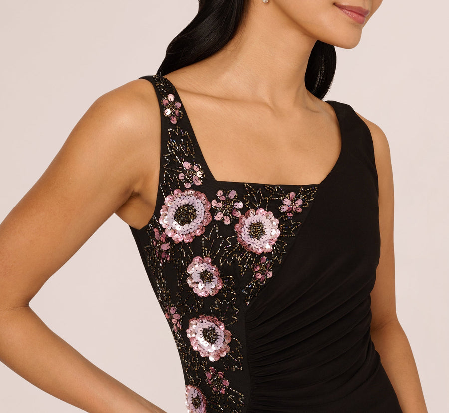Formal Dresses Sleeveless Floor-Length Jersey Formal Sheath Dress Floral Applique Adrianna Papell AP1E212161 Black