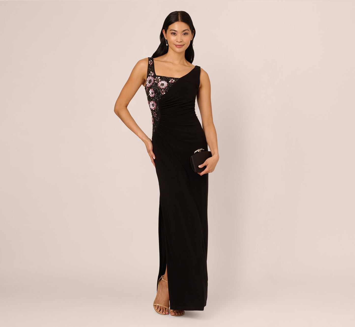 Formal Dresses Sleeveless Floor-Length Jersey Formal Sheath Dress Floral Applique Adrianna Papell AP1E212161 Black