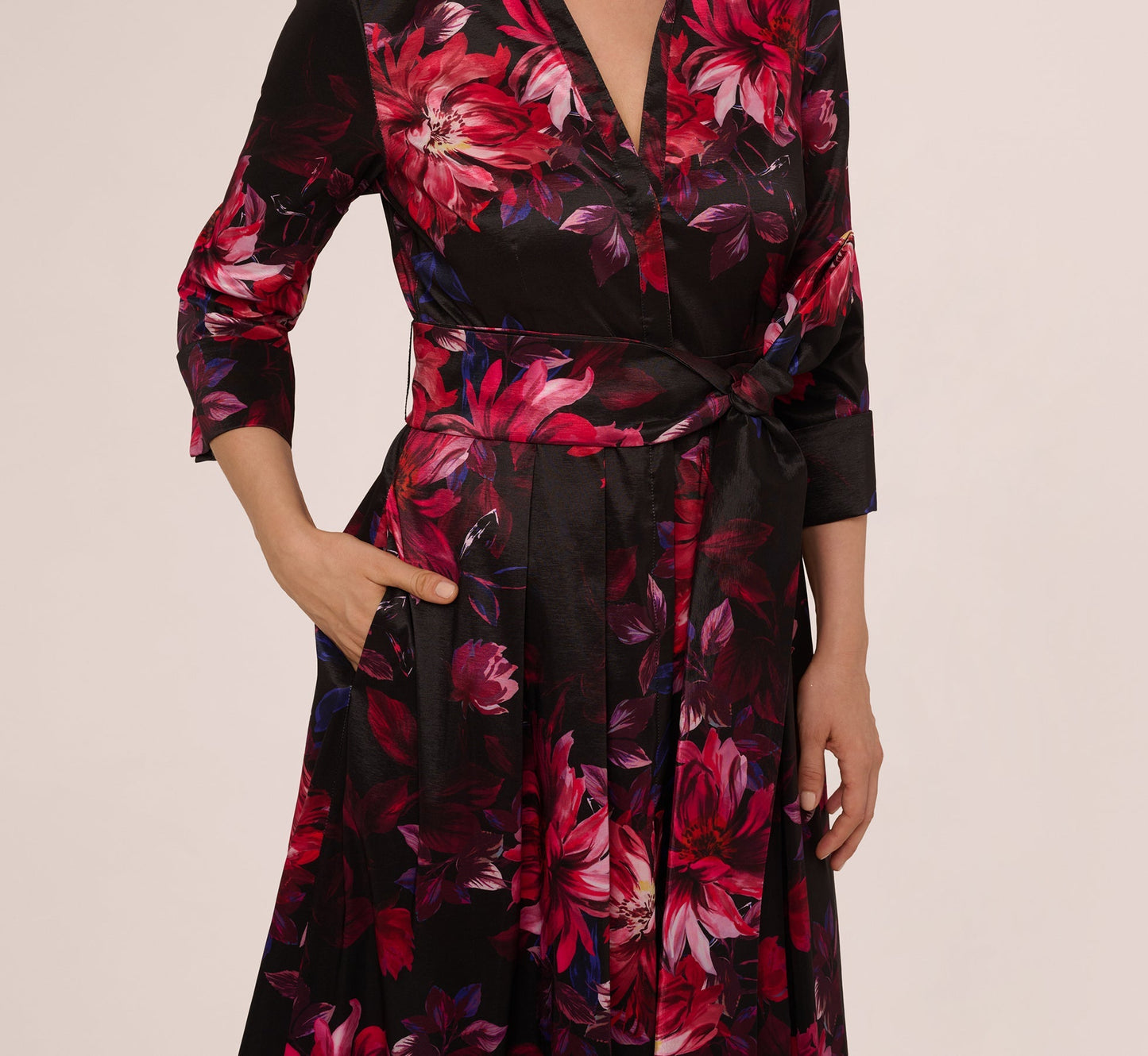 V-Neck Midi Satin Formal A-Line Dress by Adrianna Papell AP1E212267