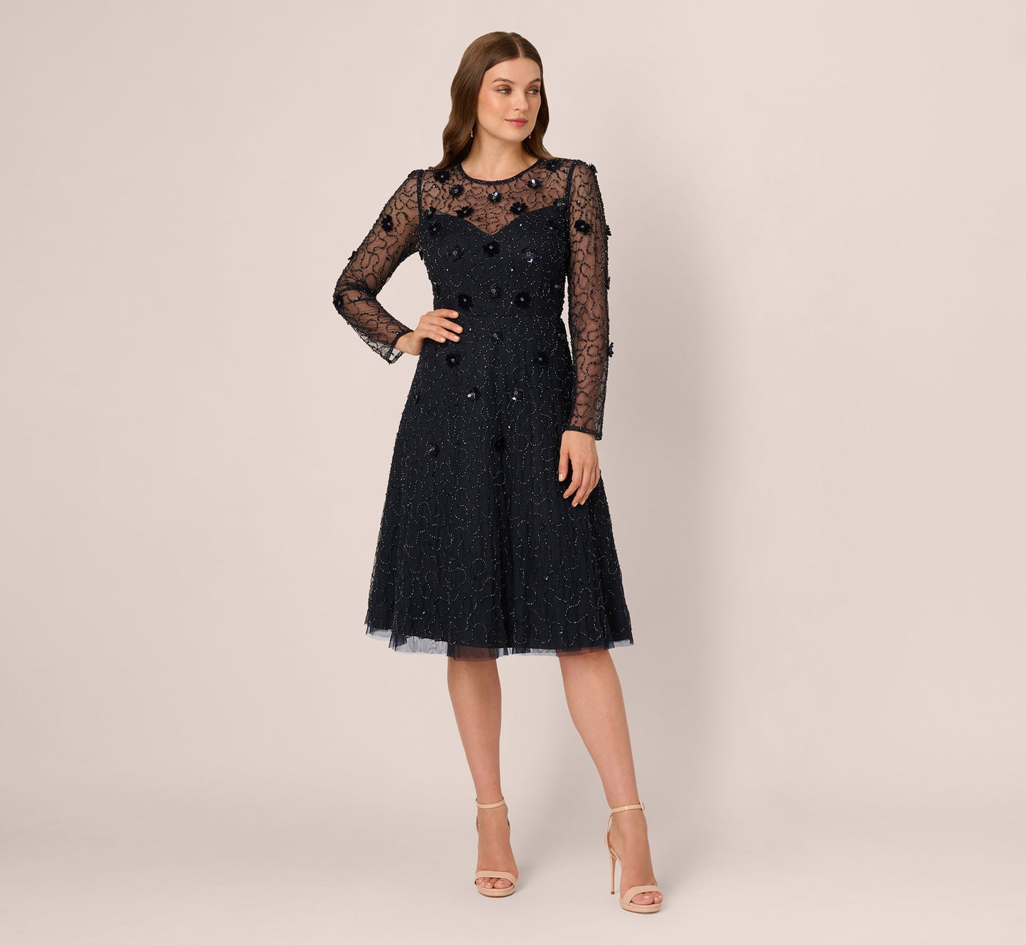 Illusion Tea-Length Mesh Formal Fit & Flare Adrianna Papell AP1E212297W