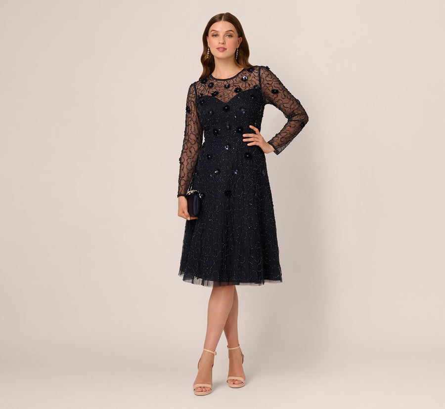 Illusion Tea-Length Mesh Formal Fit & Flare Adrianna Papell AP1E212297W