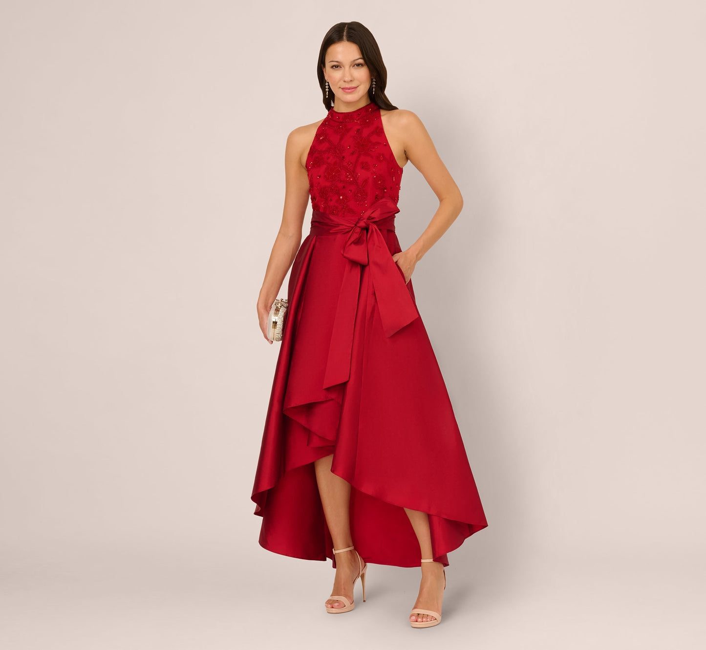 Sleeveless Asymmetrical Draped Taffeta Combo Gown