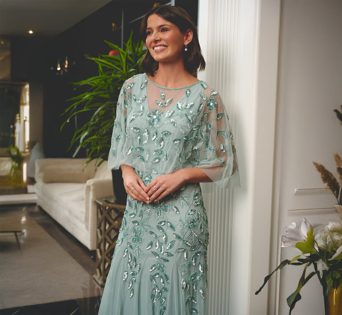 Wholesale Floral Beaded Godet Cape Gown Adrianna Papell AP1E212745