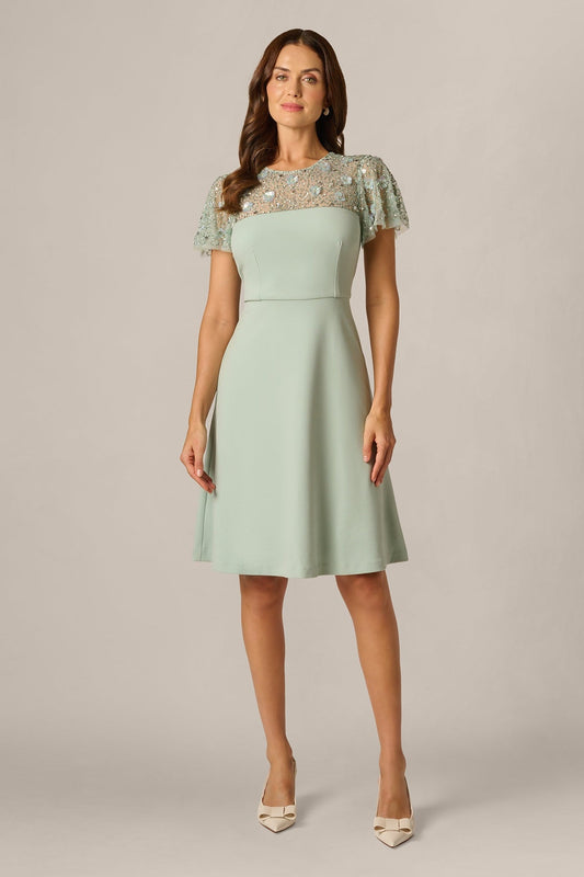 Adrianna Papell AP1E212920 Icy Sage flutter sleeve beaded illusion short dress front