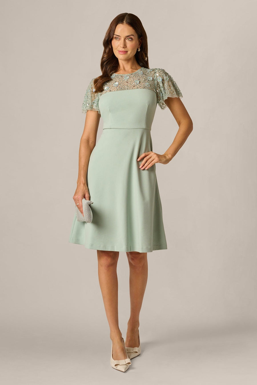 Adrianna Papell AP1E212920 Icy Sage flutter sleeve beaded illusion short dress three-quarter side
