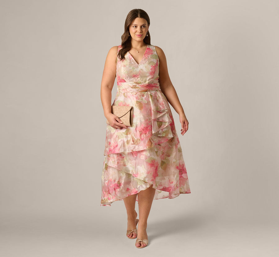 Floral Organza Cascade High-Low Midi Dress Adrianna Papell AP1E212933