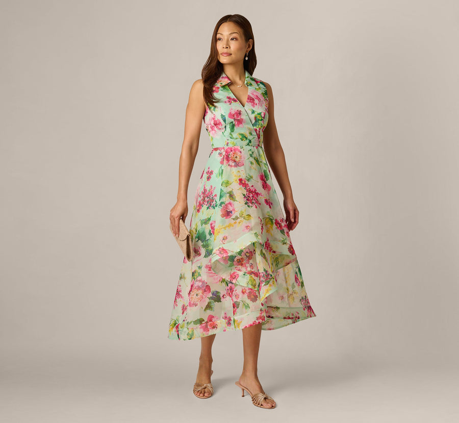 Collared Floral Organza High-Low Midi Dress Adrianna Papell AP1E212943