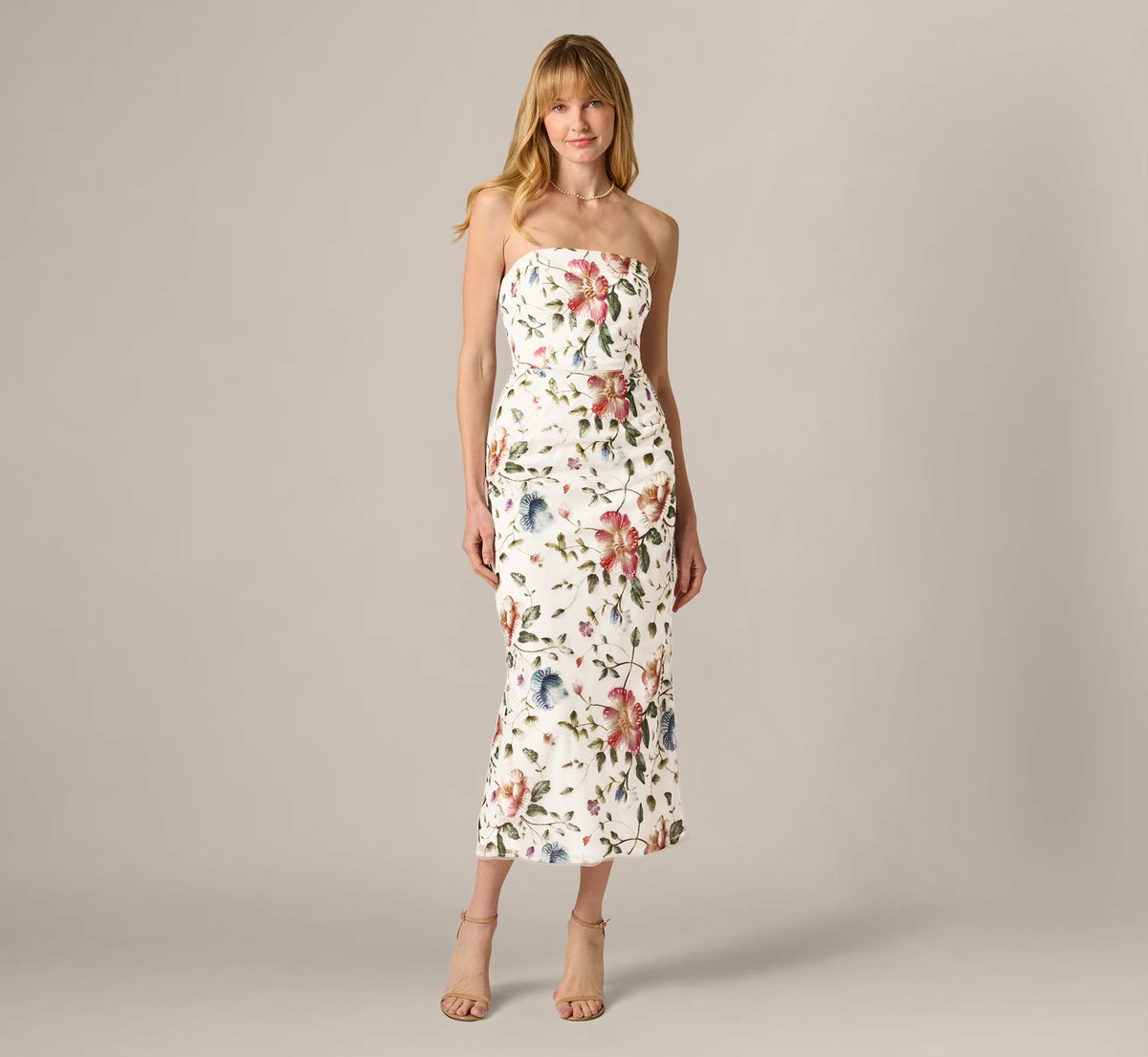 Strapless Floral Beaded Embroidery Midi Dress Adrianna Papell AP1E212950