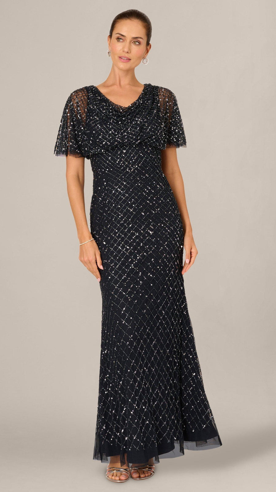 Adrianna Papell AP1E212966 Midnight beaded cowl gown, front view