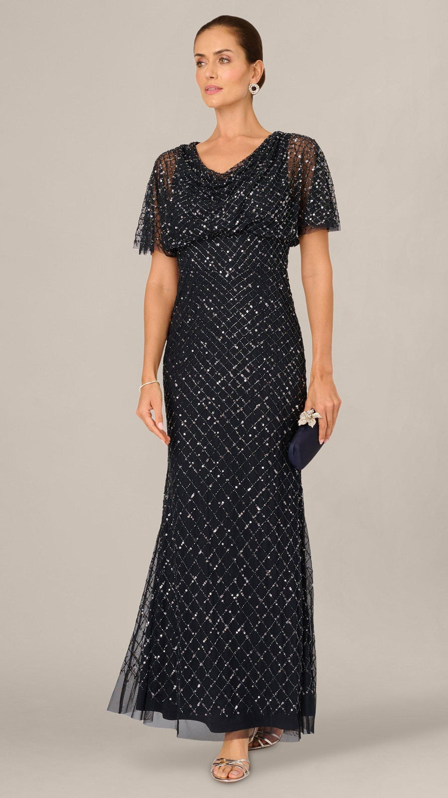 Adrianna Papell AP1E212966 Midnight beaded cowl gown, three-quarter front view