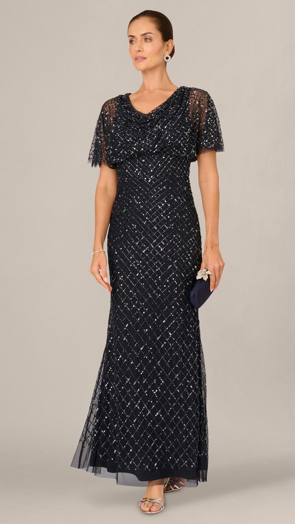 Adrianna Papell AP1E212966 Midnight beaded cowl gown, three-quarter front view
