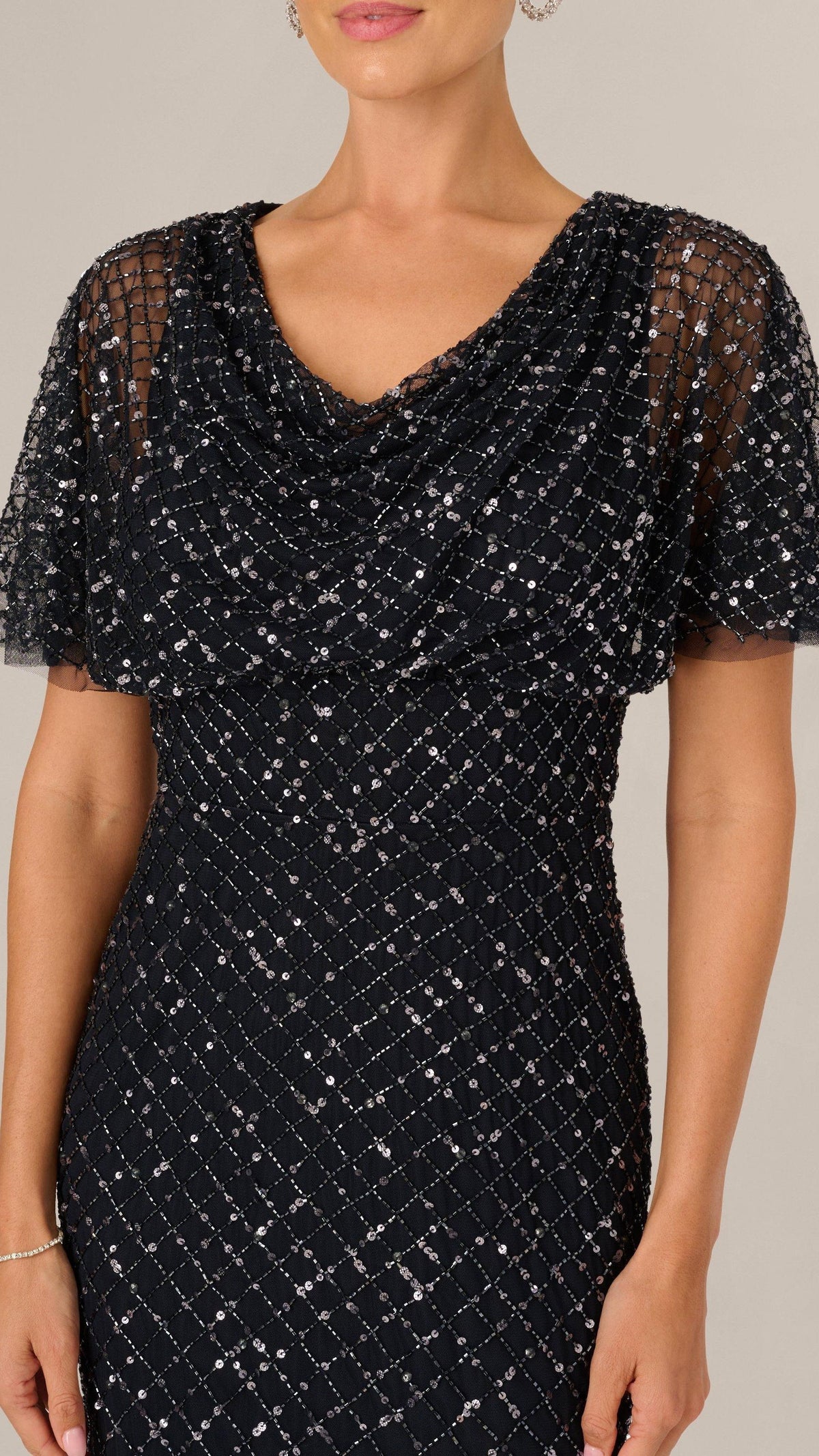 Adrianna Papell AP1E212966 Midnight beaded cowl neckline and bodice detail