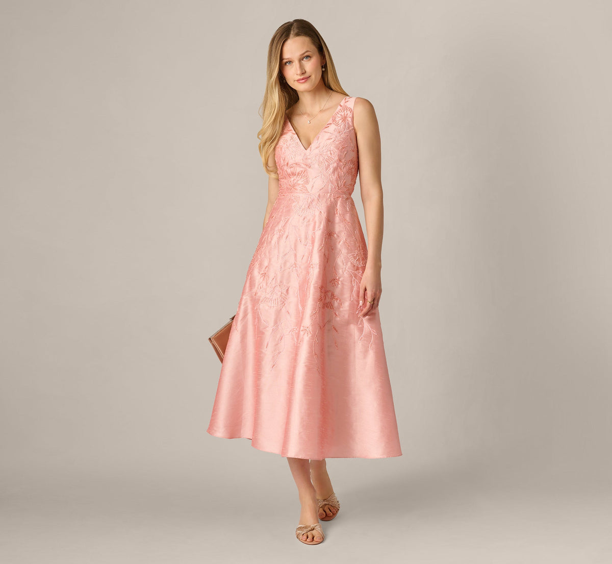Floral Embroidered Dupioni A-Line Midi Dress Adrianna Papell AP1E212986
