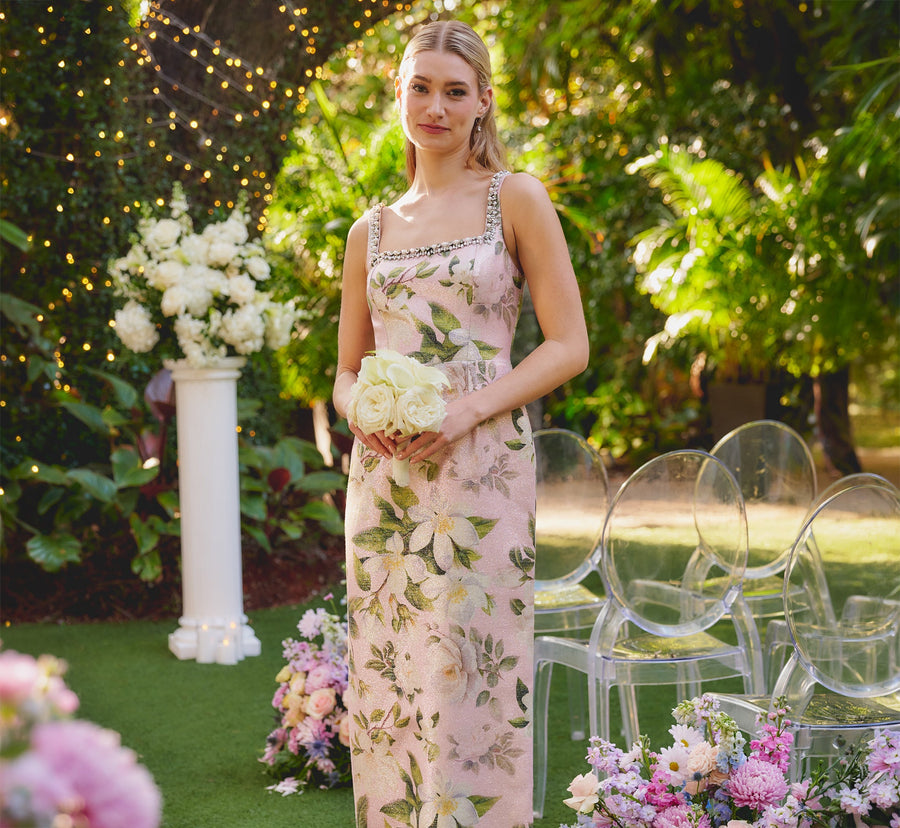 Beaded Square Neck Floral Jacquard Gown Adrianna Papell AP1E213017