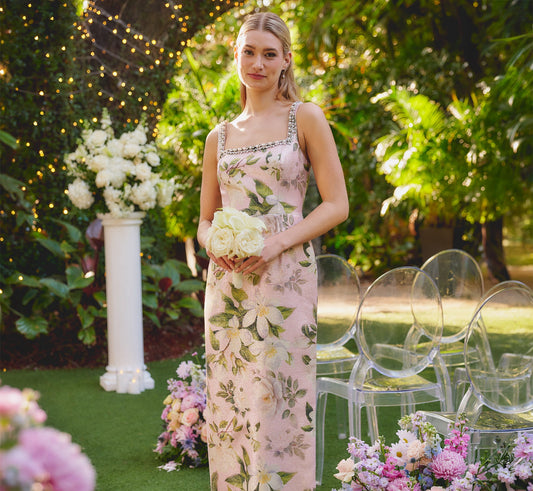 Beaded Square Neck Floral Jacquard Gown Adrianna Papell AP1E213017