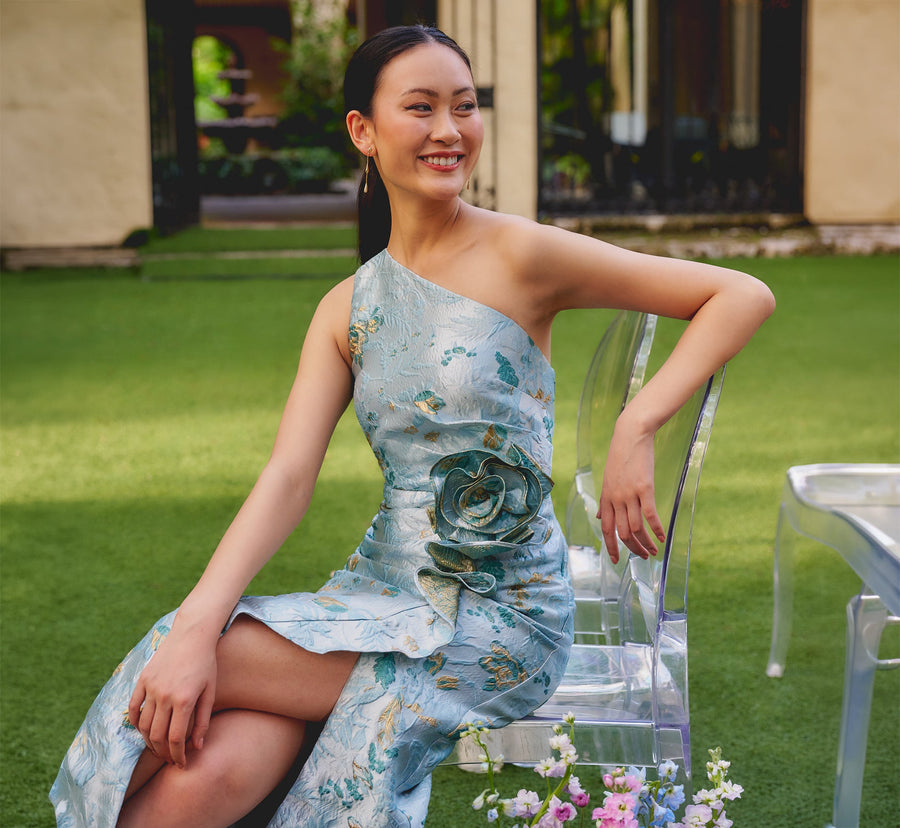 One-Shoulder Floral Jacquard Rosette Gown Adrianna Papell AP1E213023